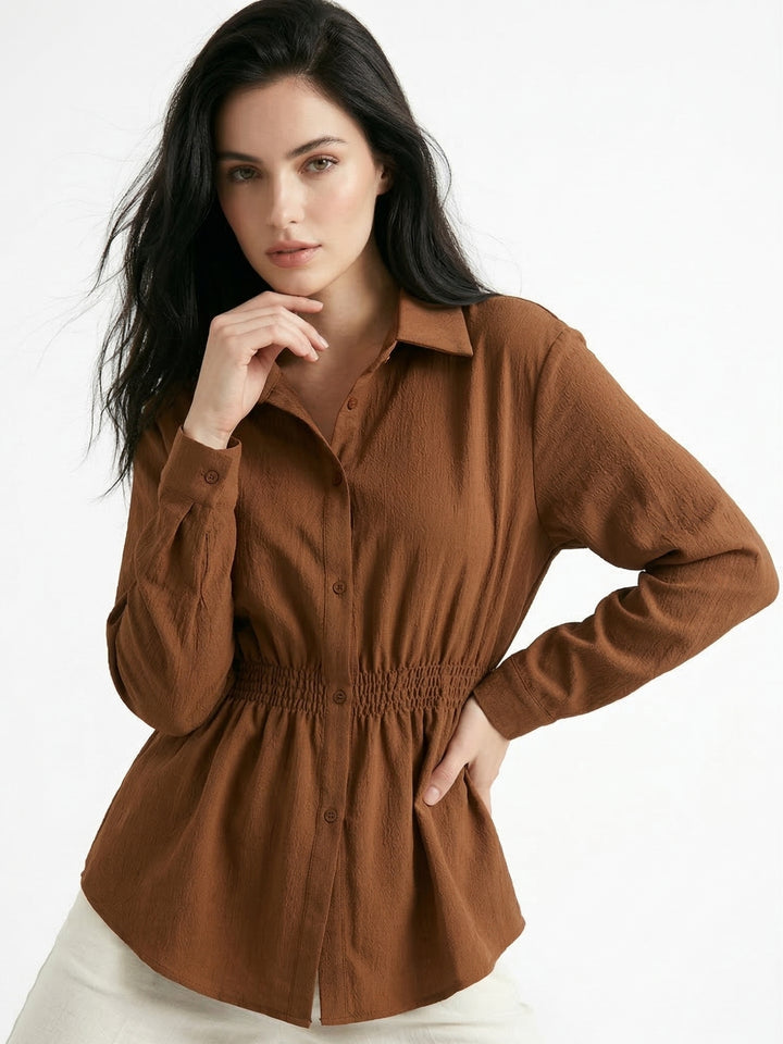 Brown Waist Fitted Front Buttoned Shirt