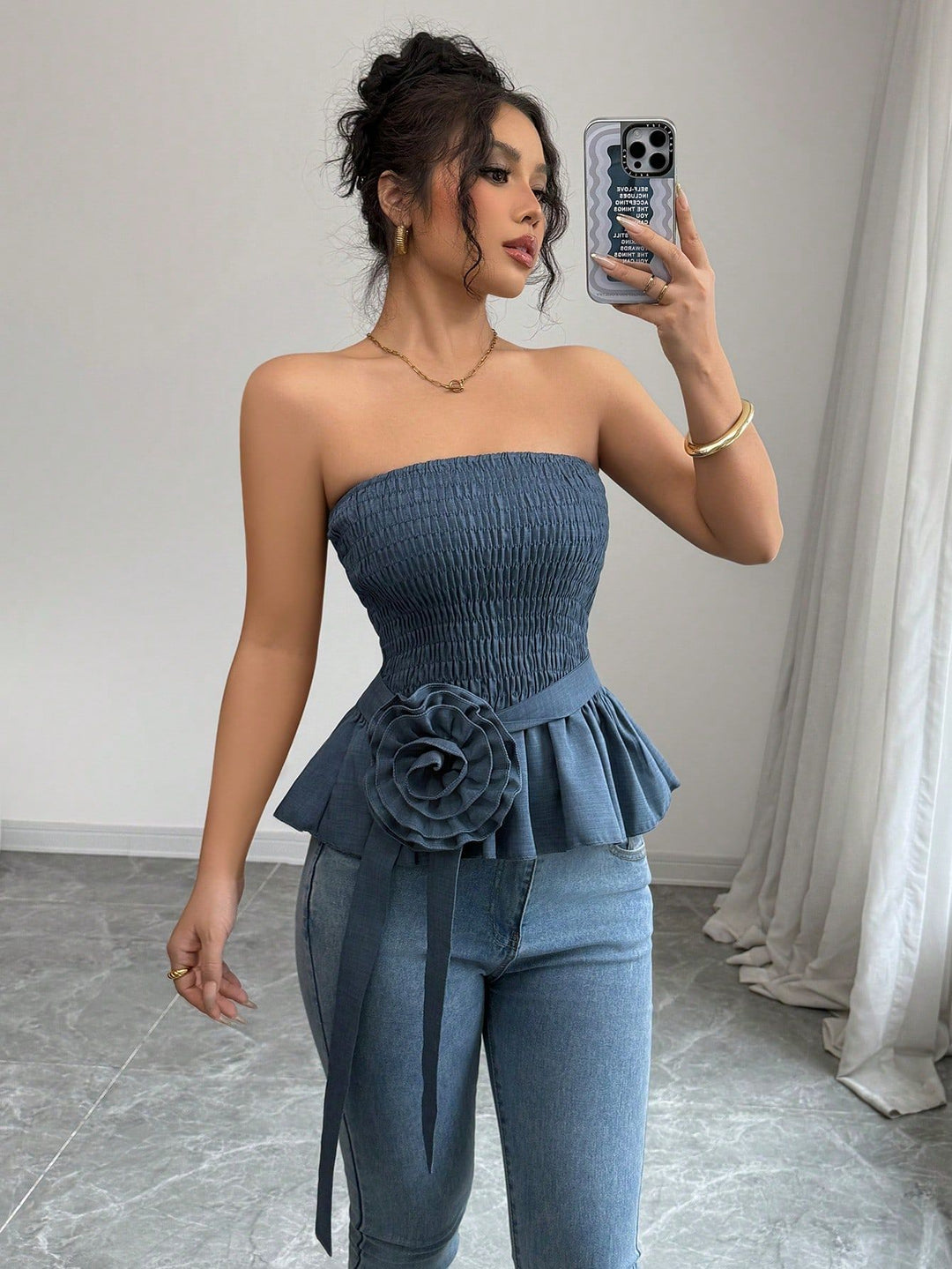 Blue Strapless Smocked Top