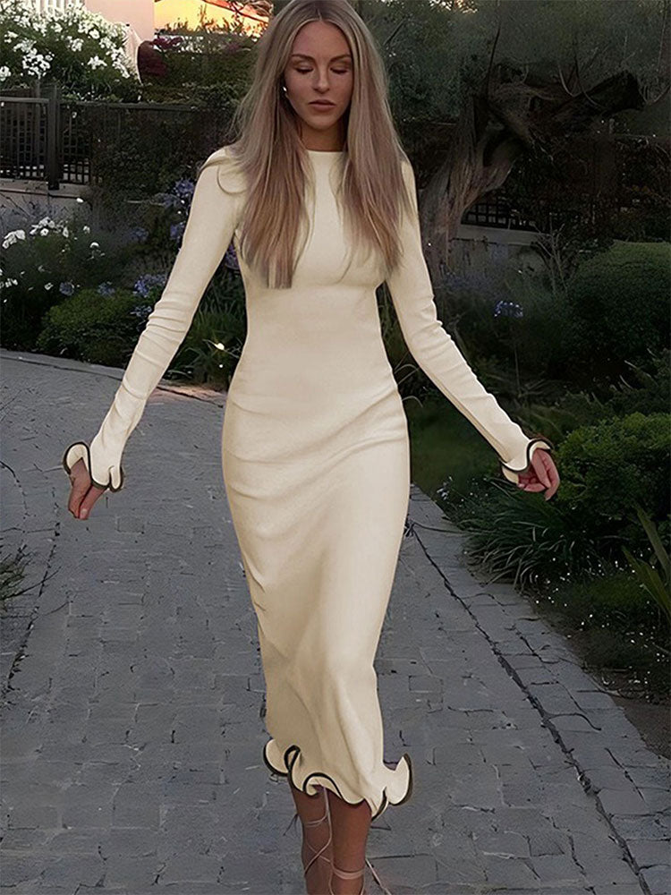 Off White Full Sleeves Fitted Midi Dress