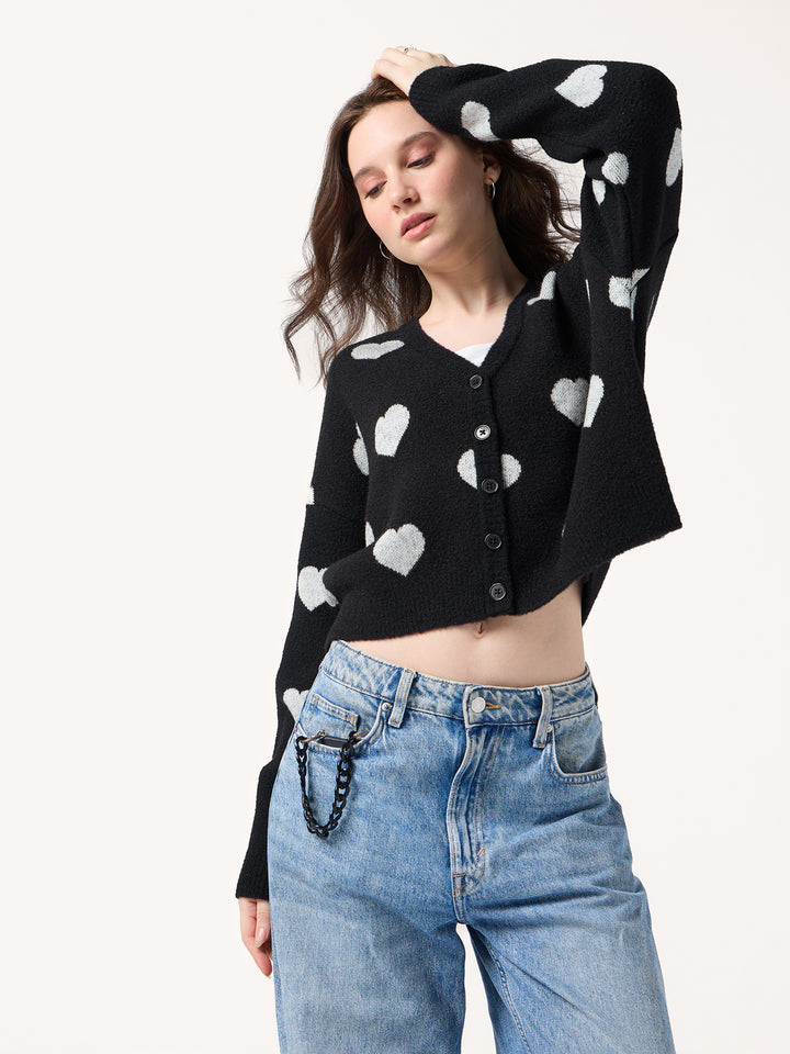 Black Fuzzy Hearts Cardigan