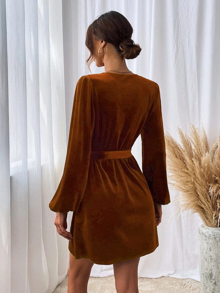 Brown Bishop Sleeve Front Tie-Up Dress