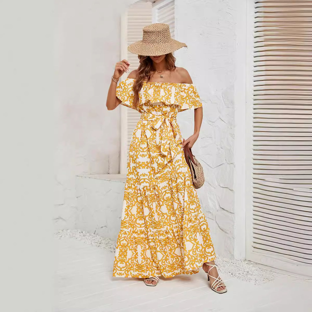 Yellow Off-Shoulder Printed Belt Tie Up Maxi Dress