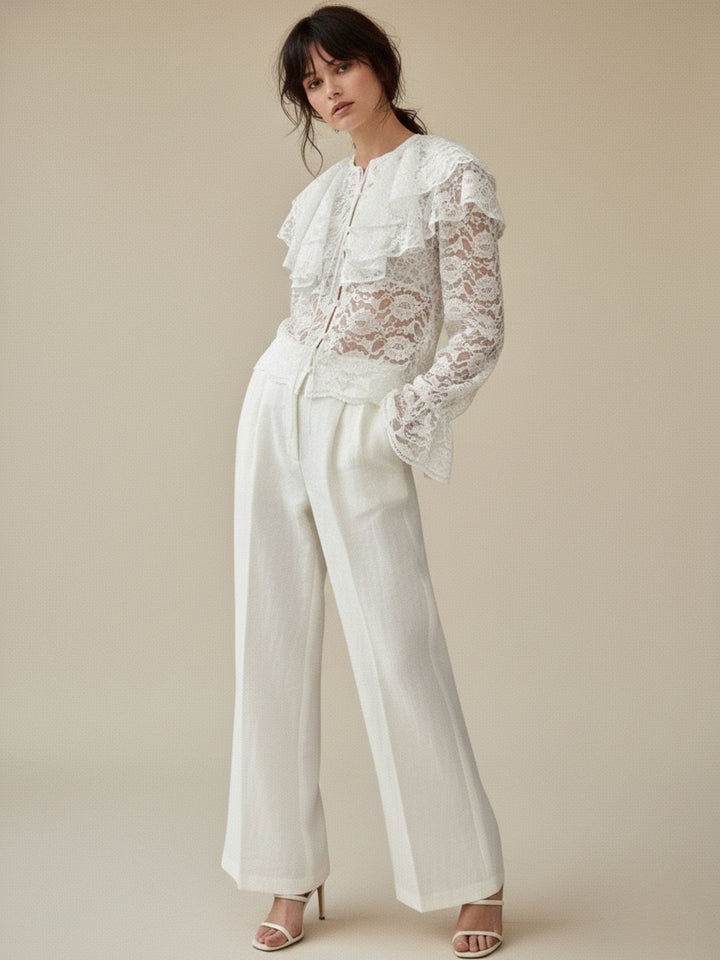 White Lace Ruffled Neck Front Button Down Top