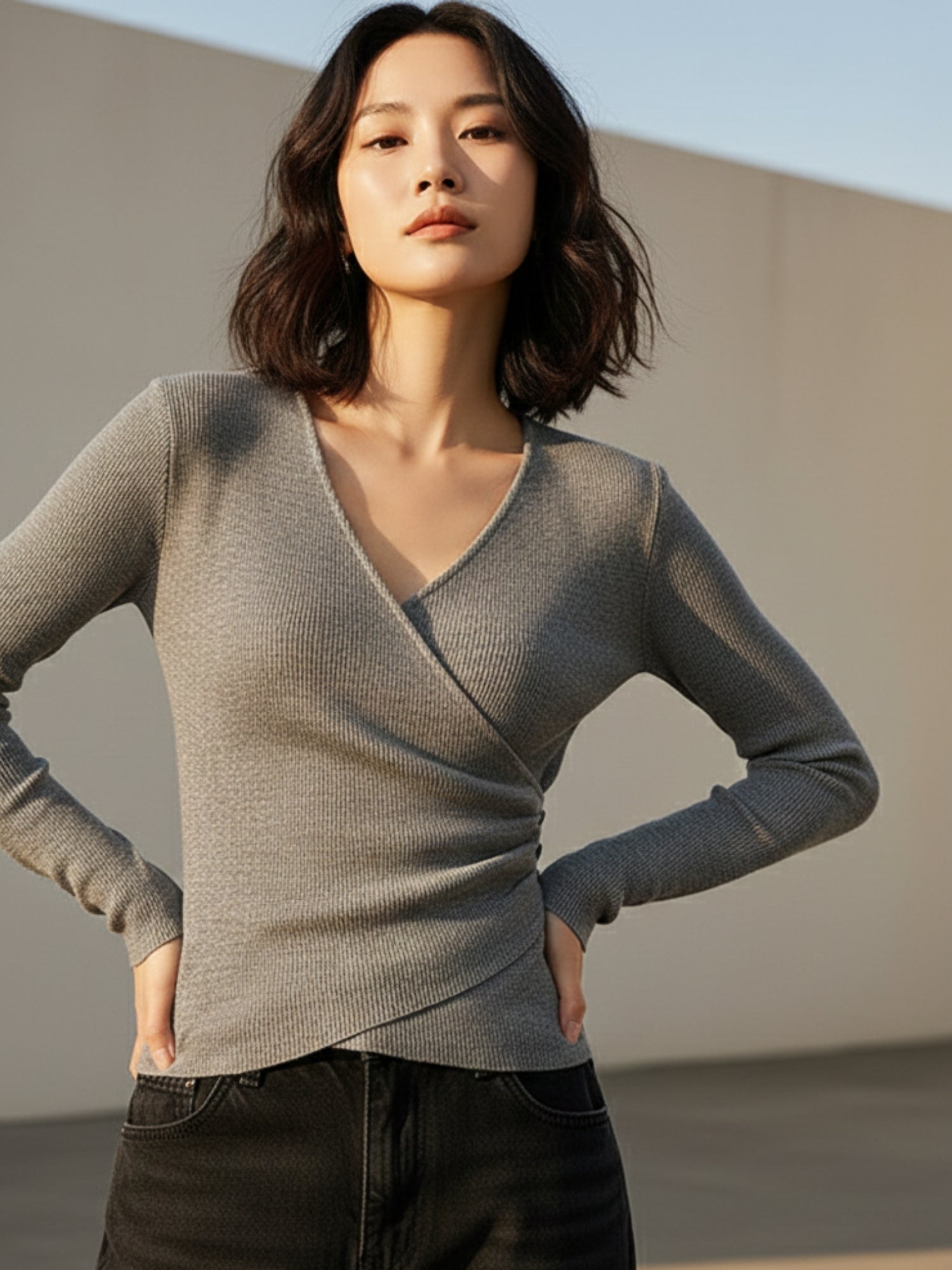 Grey Full Sleeve Wrap Top