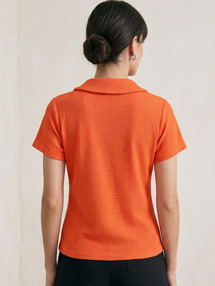 Orange Waffles Textured Polo Button Down Top