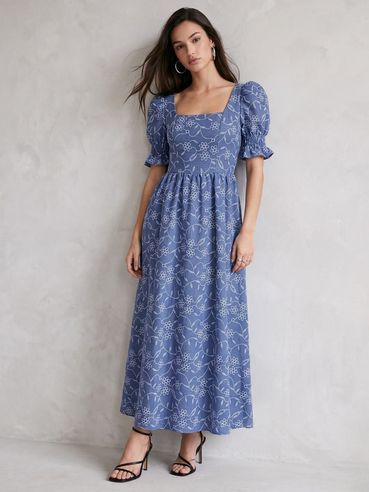 Blue Puff Sleeve Embroidery Square Neck Dress