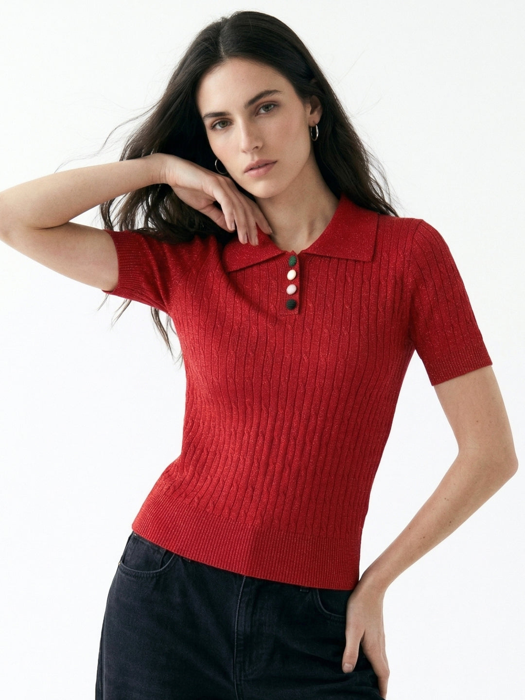 Red Short Sleeve Collared Neck Top