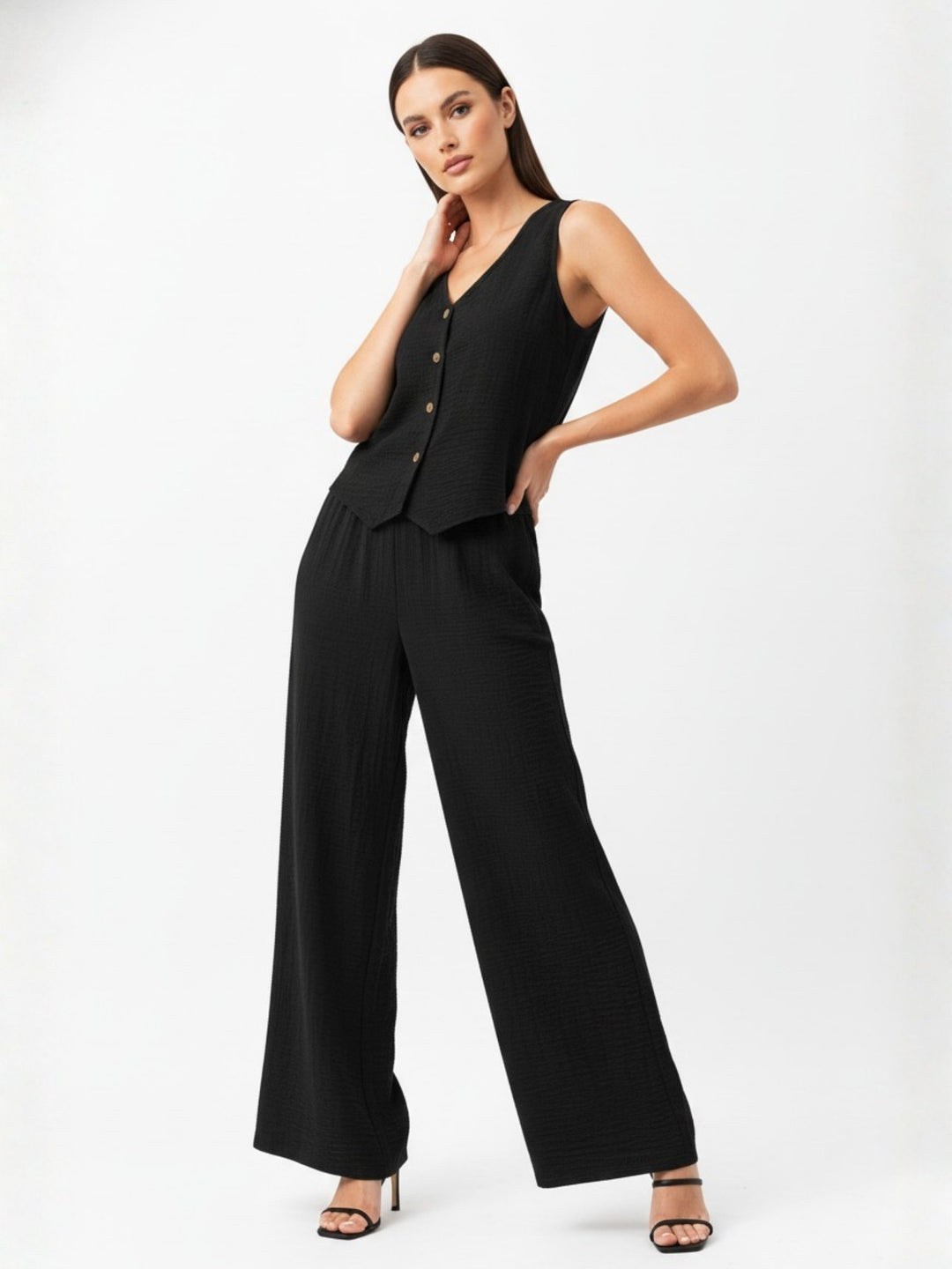 Black Button Down Vest And Pant Co-Ord Set