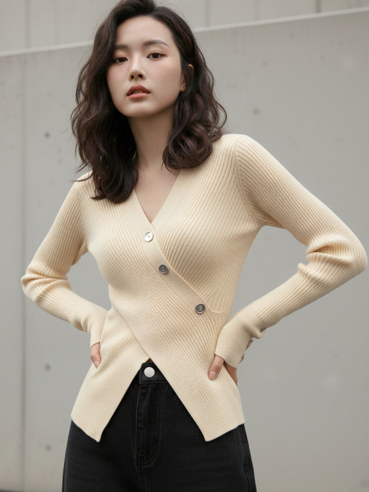 Cream Full Sleeve Wrap Asymmetrical Hem Top