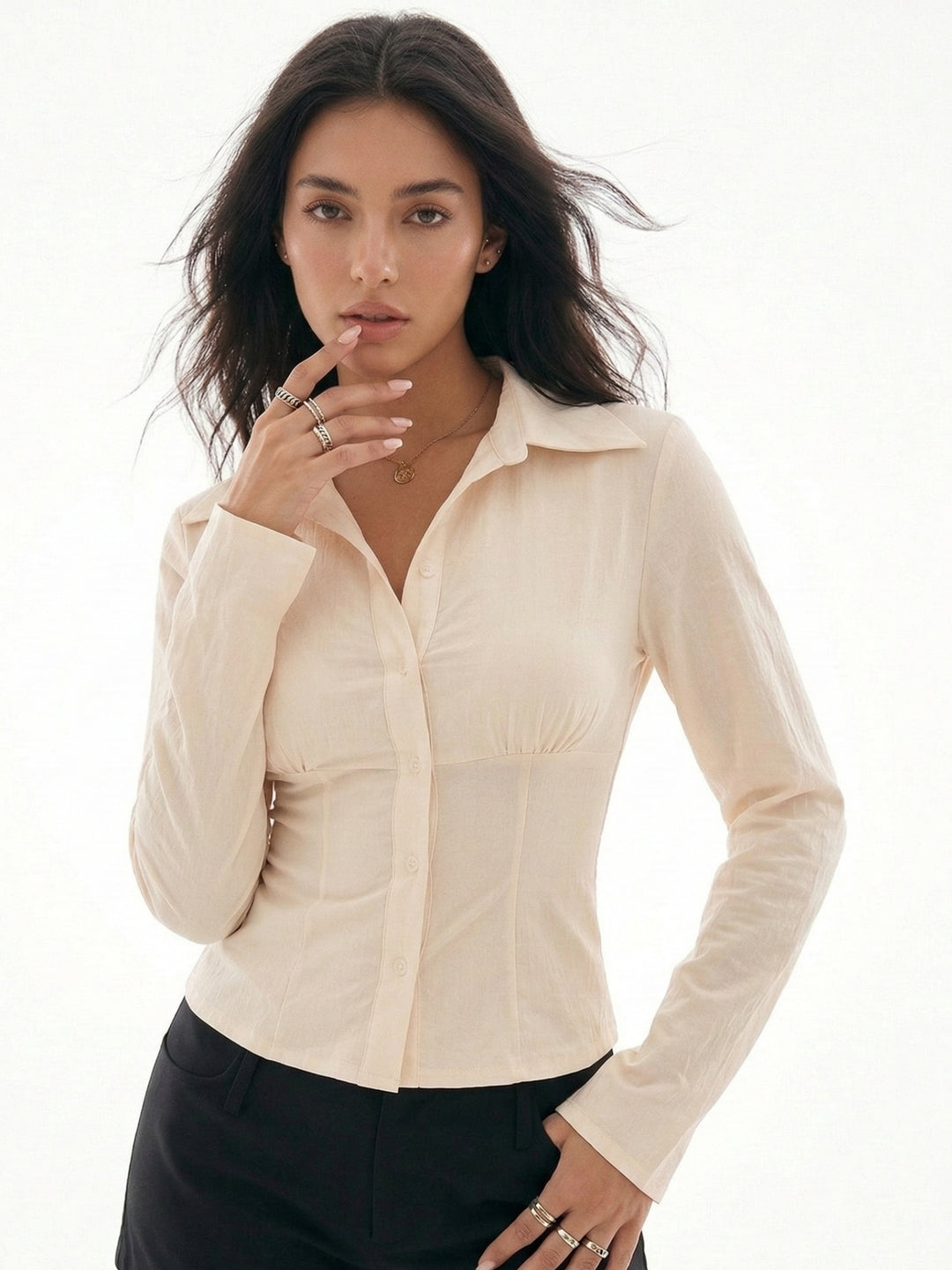 Cream Fitted Shirt With Flared Sleeves