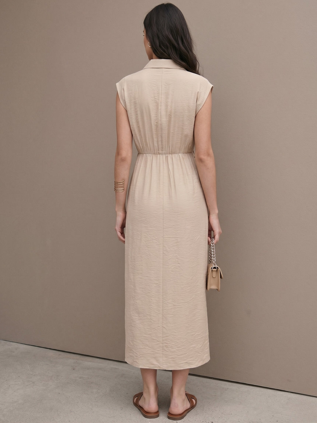 Cream Sleeveless Waist Belted Dress