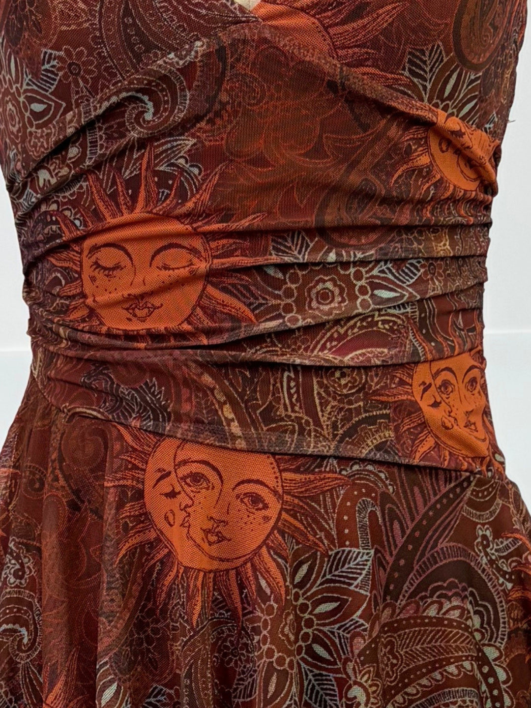 Brown Printed Halter Neck Skater Dress With Asymmetric Hem