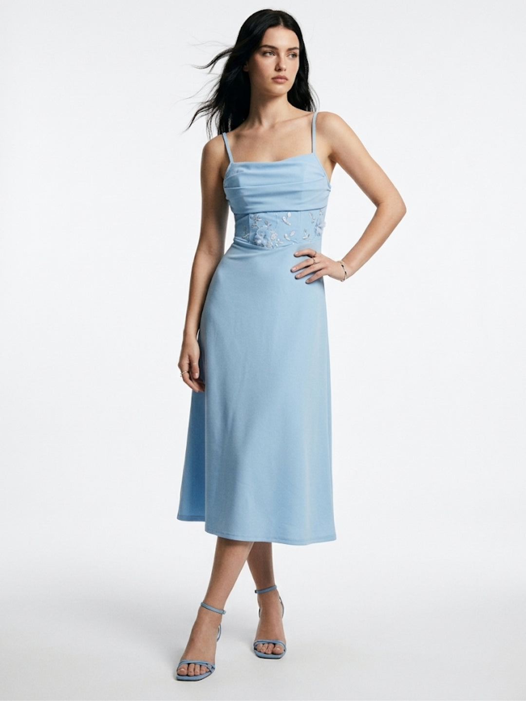 Blue Cinched Waist Dress With Sheer Inserts