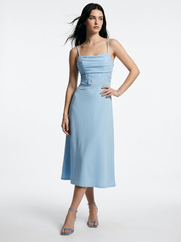 Blue Cinched Waist Dress With Sheer Inserts