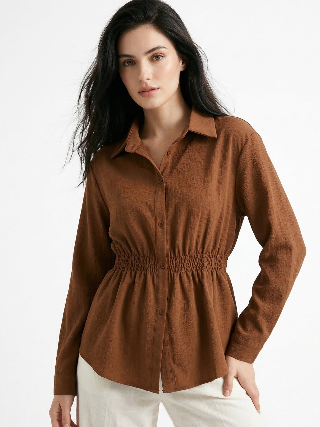 Brown Waist Fitted Front Buttoned Shirt