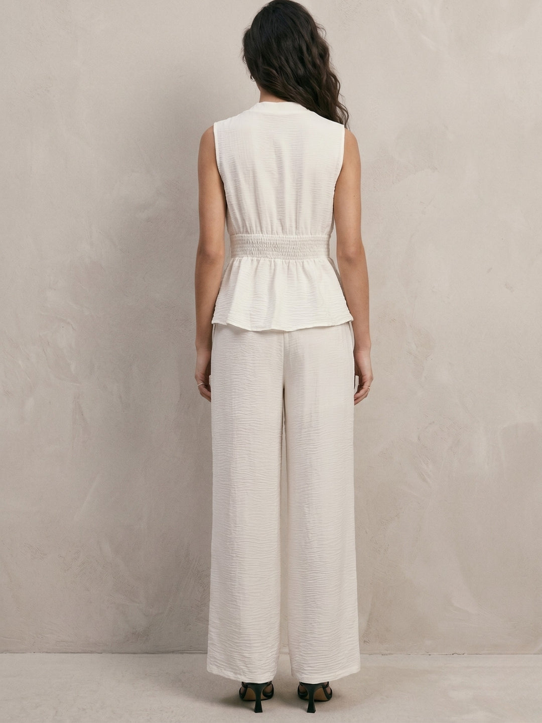 Off White Waist Tie-Up Detail Top And Pant Set