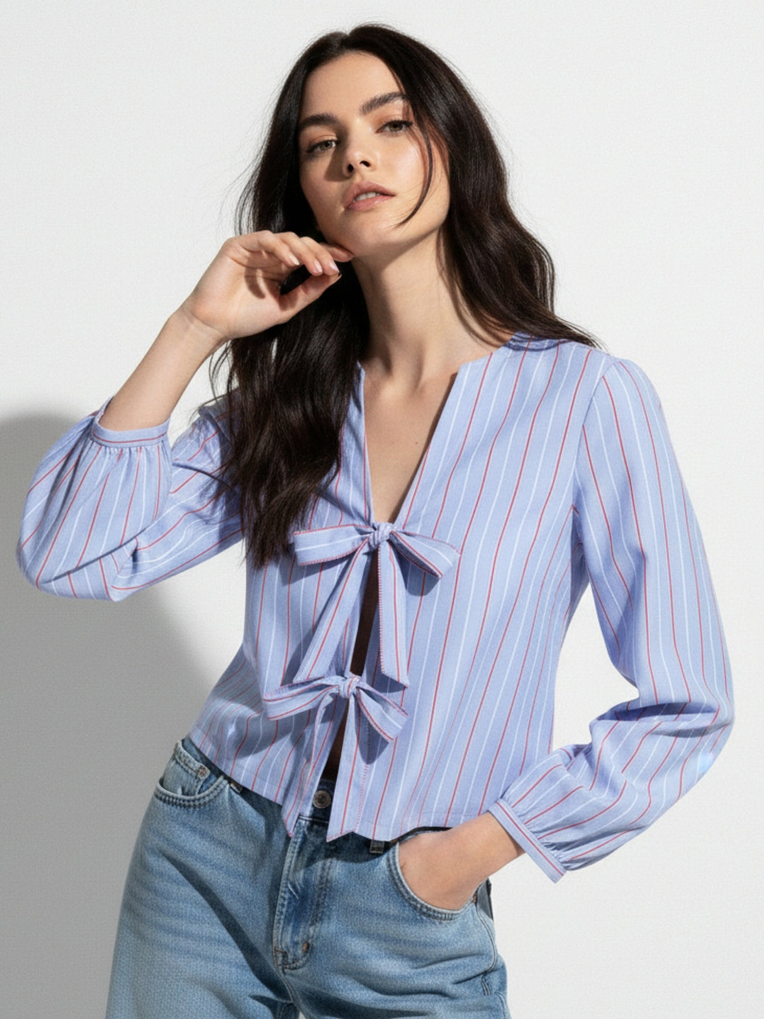 Blue Bishop Sleeve Tie-Up Top