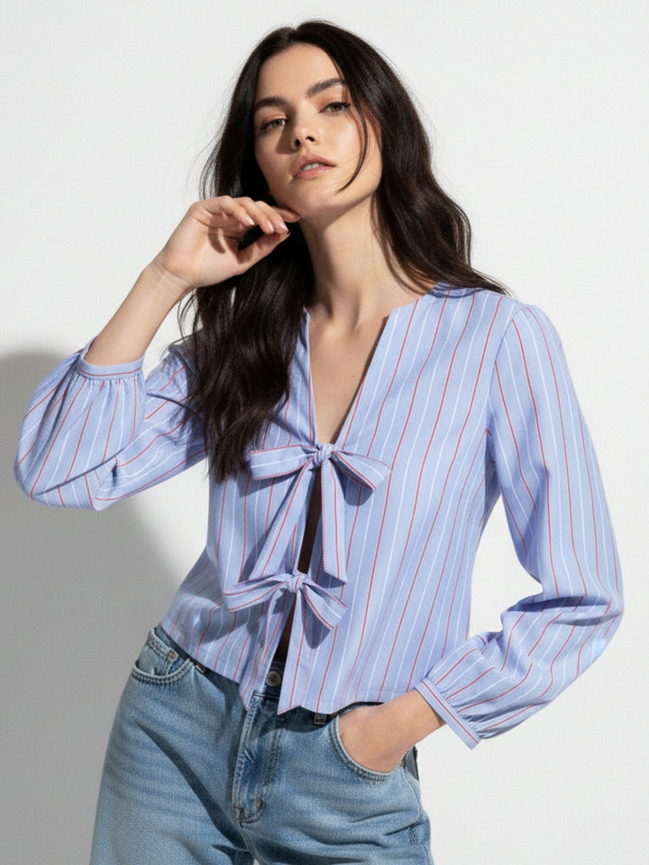 Blue Bishop Sleeve Tie-Up Top