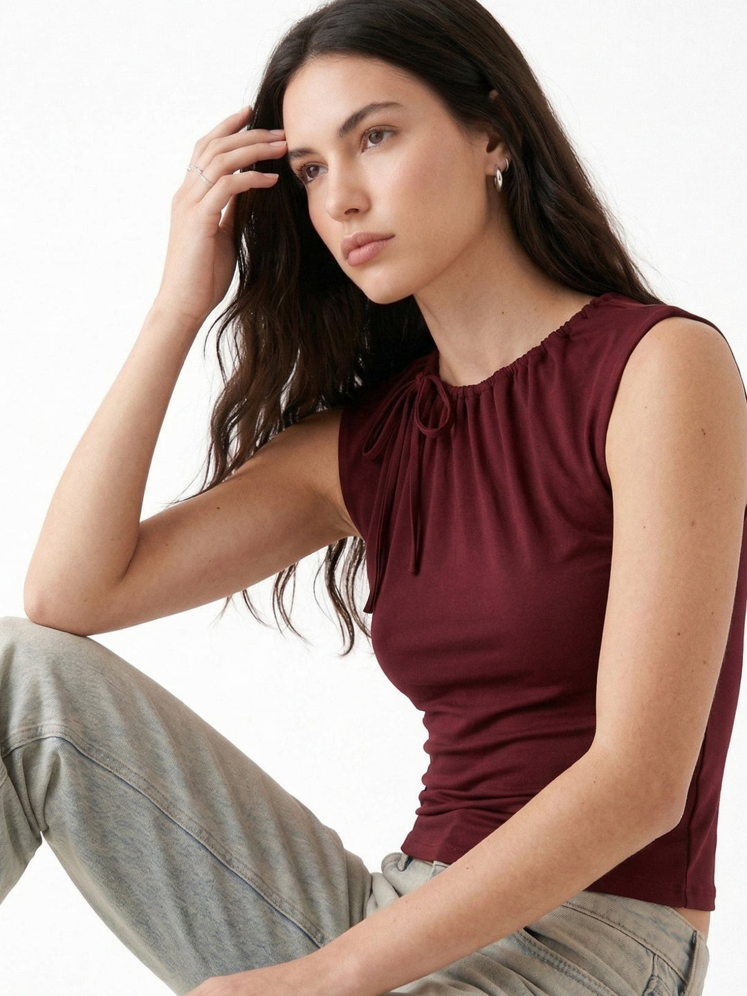 Maroon Sleeveless Twisted Fitted Top