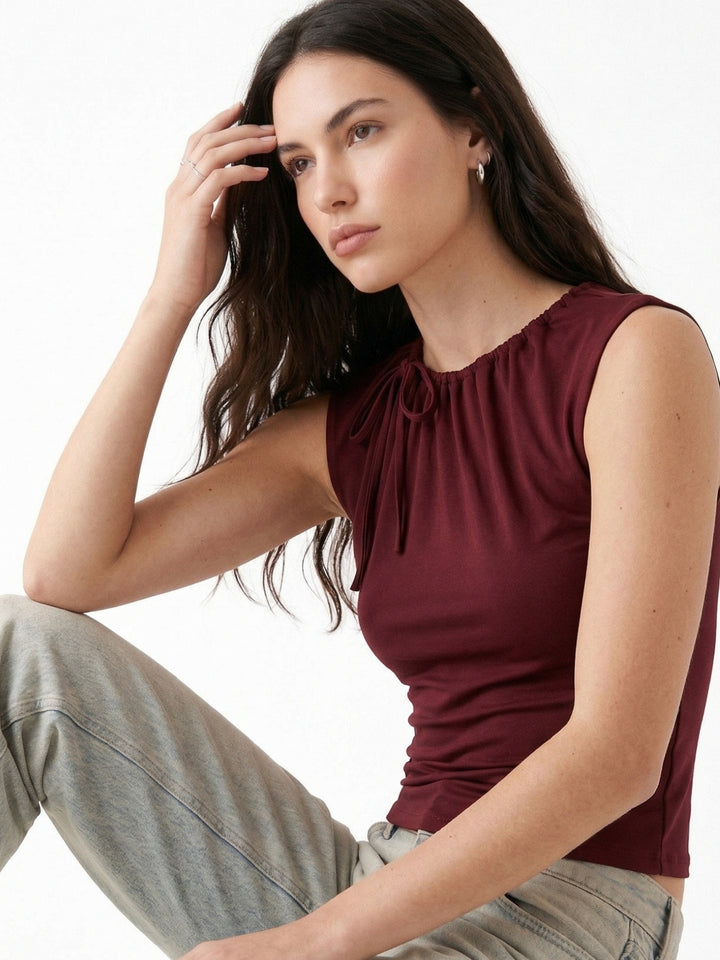 Maroon Sleeveless Twisted Fitted Top