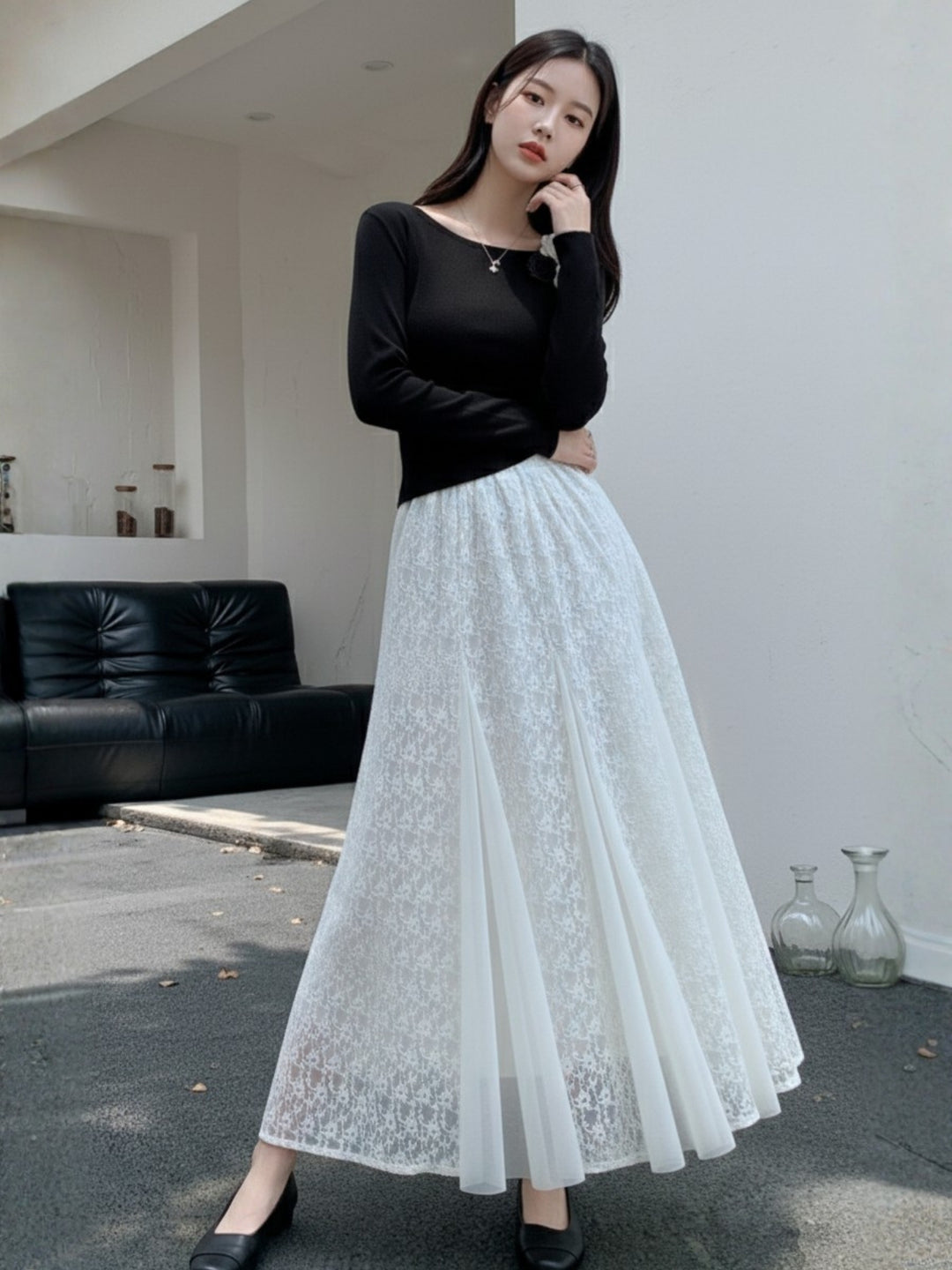 White Maxi Skirt With Multiple Lace Inserts