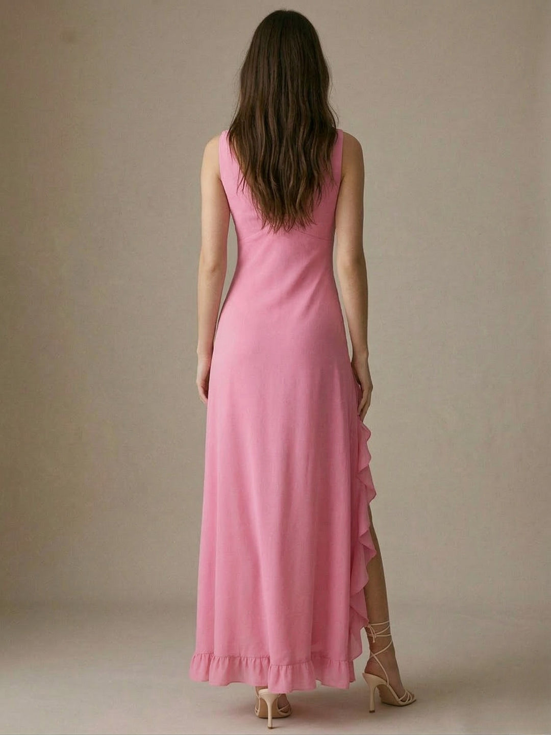 Pink Sleeveless V Neck Ruffle Detail Dress