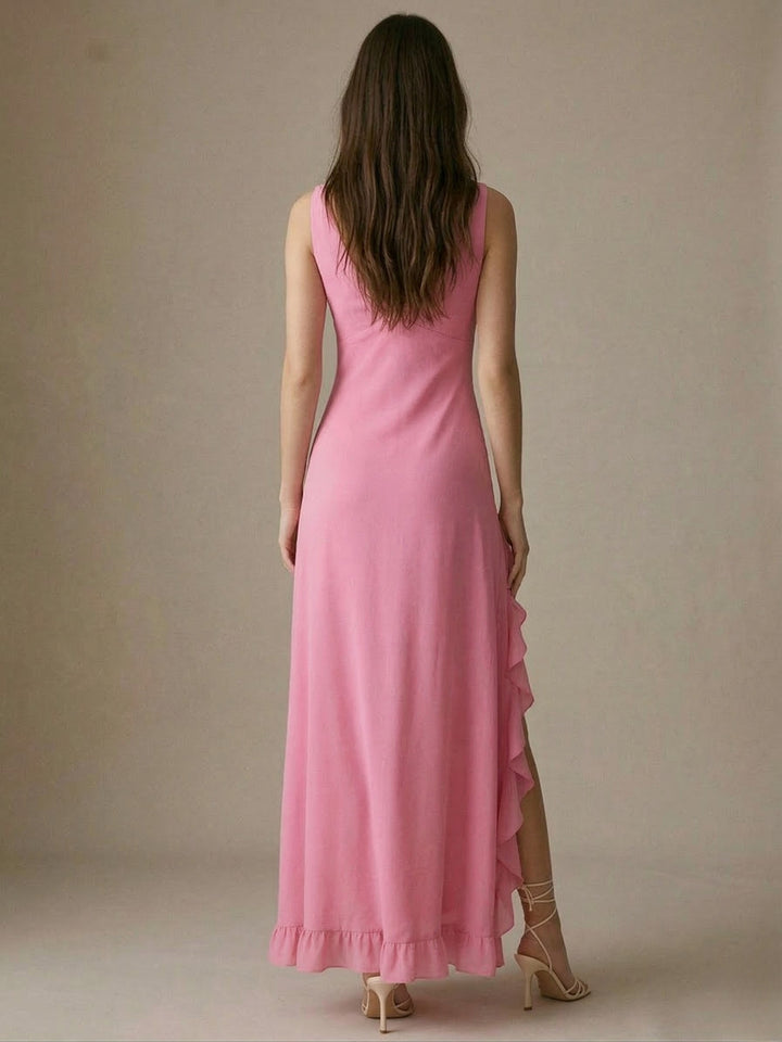 Pink Sleeveless V Neck Ruffle Detail Dress