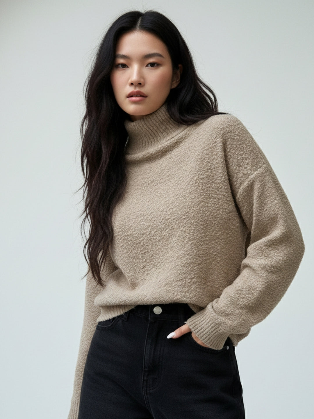 Beige Full Sleeve Mock Neck Sweatshirt