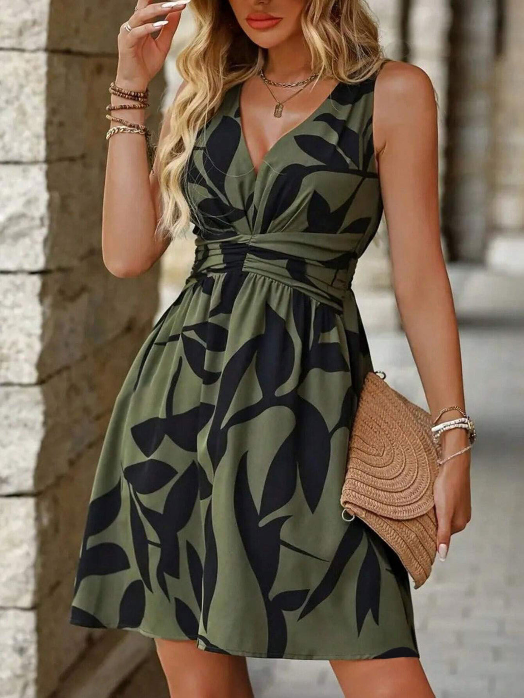 Green Printed V-Neck Waist Detail Dress