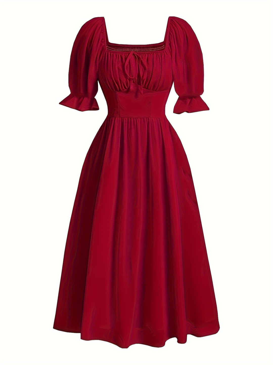 Red Cinched Waist Puff Sleeved Dress