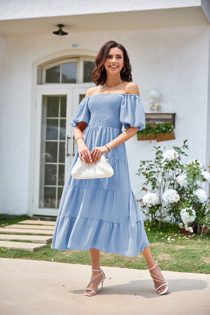 Blue Square Neck Puff Sleeved Tiered Dress