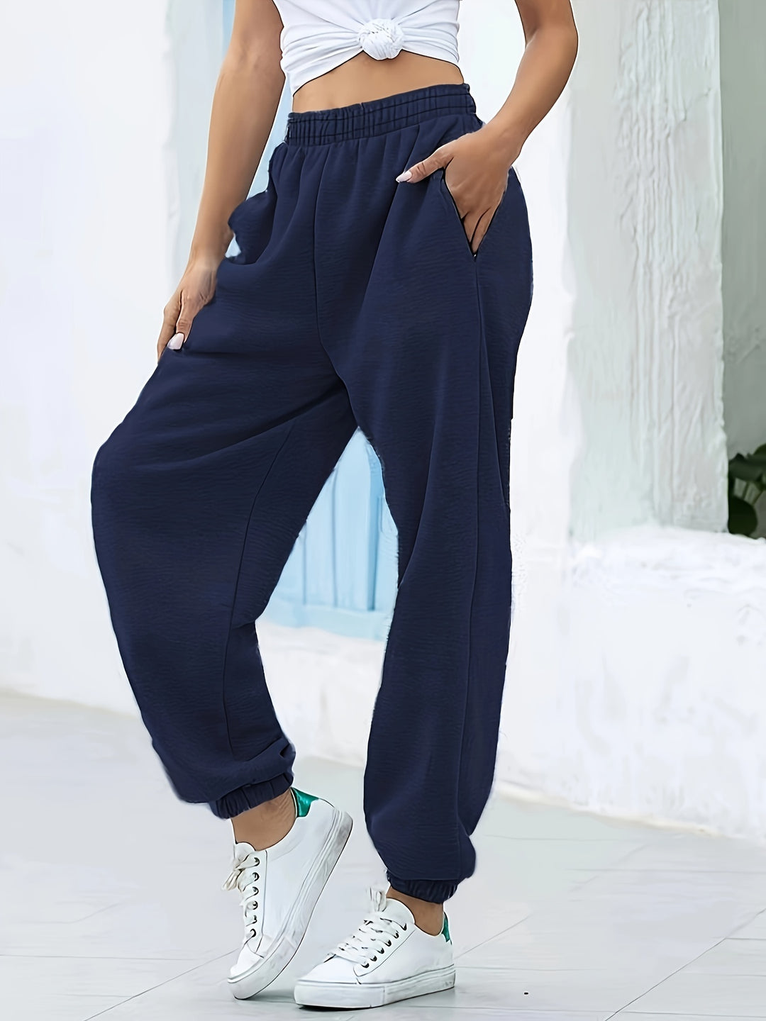 Navy blue Basic Solid Elasticated Joggers