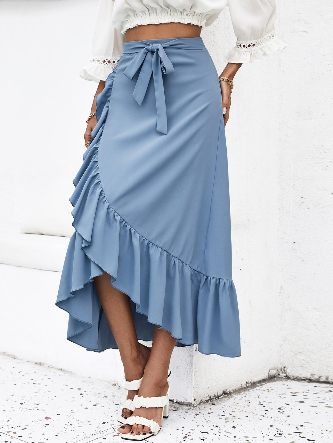 Blue Ruffle Waist Tie Up Skirt