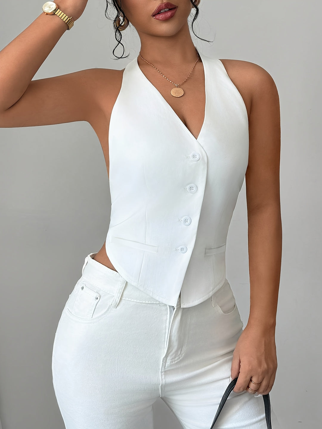 White Halter Neck Front Buttoned Vest Top