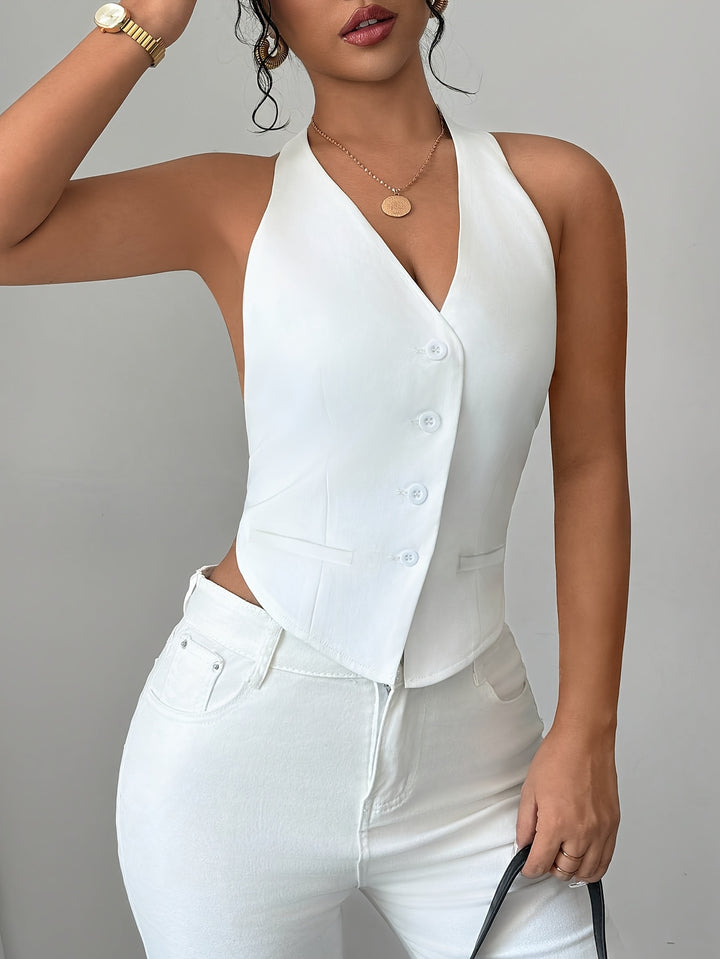 White Halter Neck Front Buttoned Vest Top