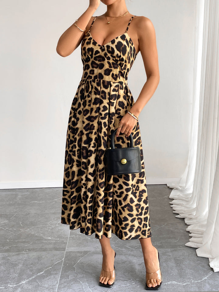 Brown Printed Spaghetti Strap Dress