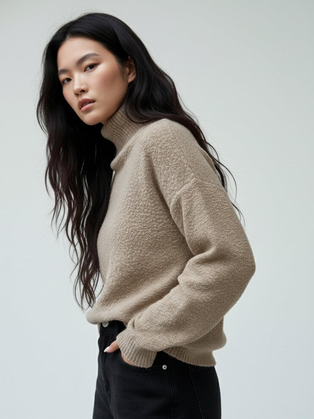 Beige Full Sleeve Mock Neck Sweatshirt