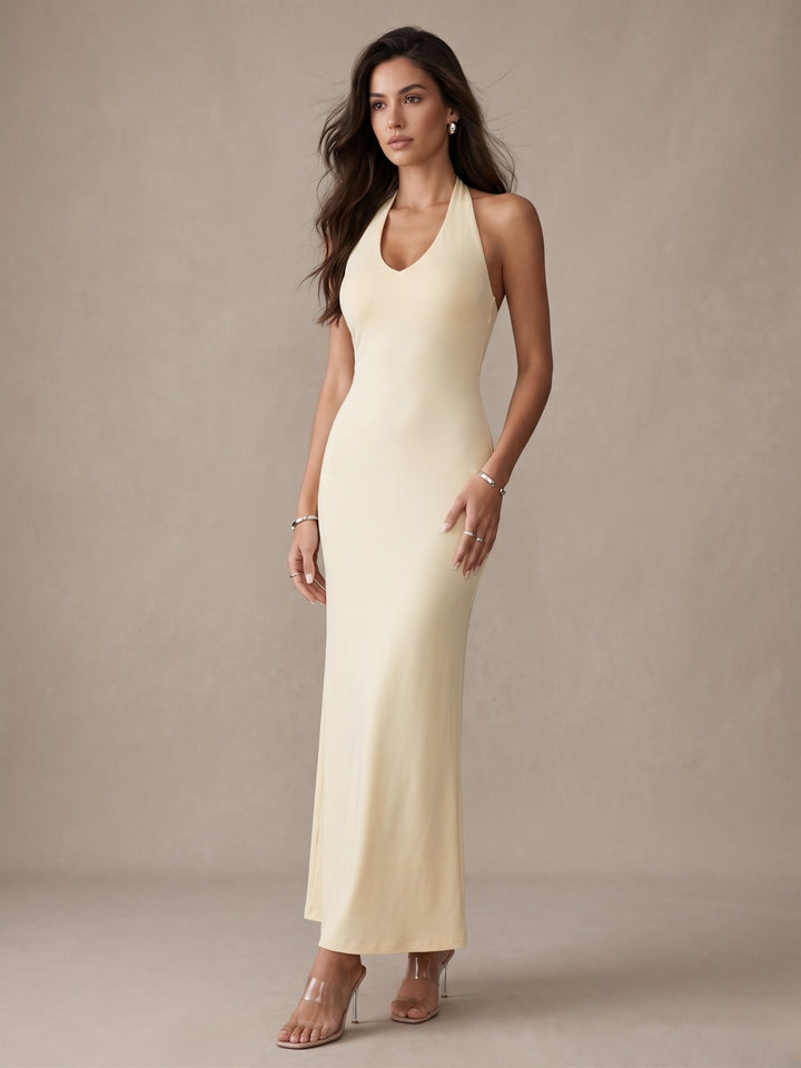 Cream Halter Neck Fitted Dress