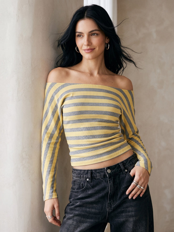 Yellow Off-Shoulder Striped Fitted Top
