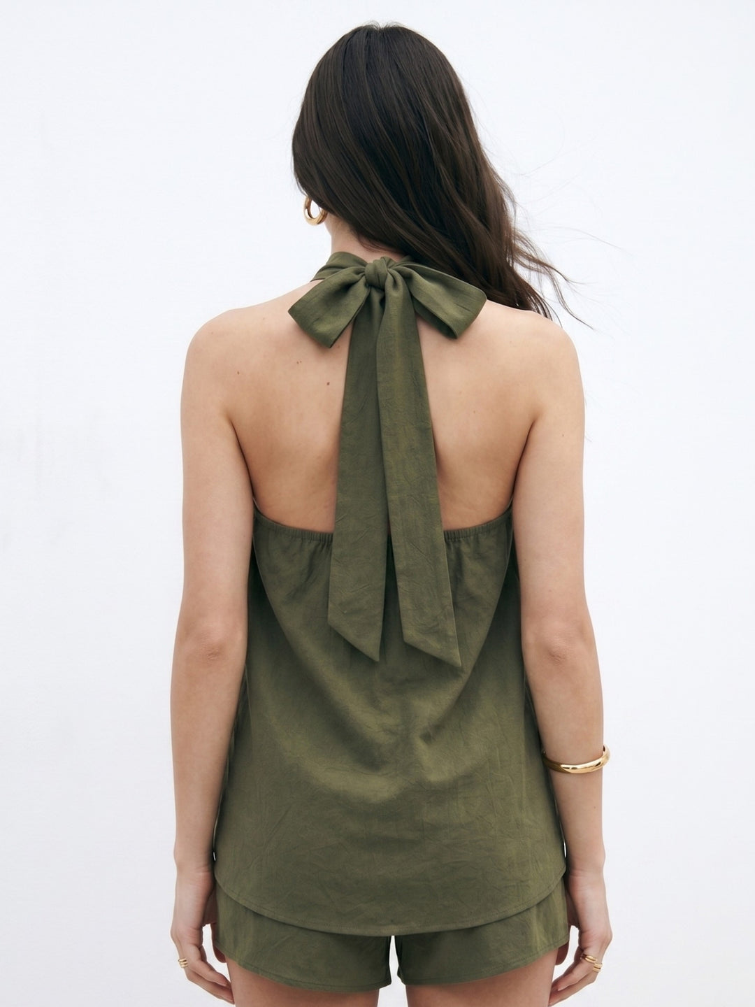 Olive Halter Neck Relaxed Top And Shorts Co-Ord Set