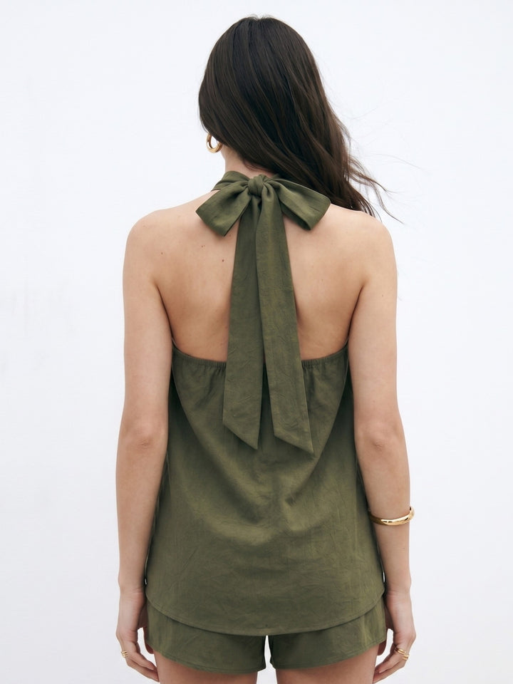 Olive Halter Neck Relaxed Top And Shorts Co-Ord Set