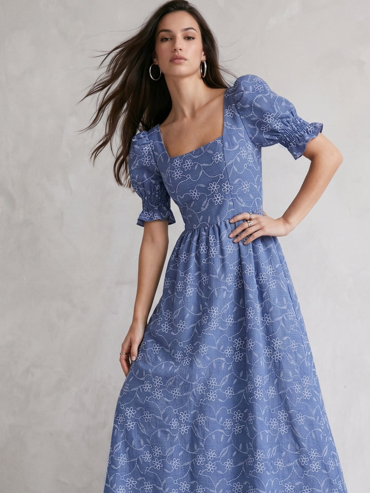Blue Puff Sleeve Embroidery Square Neck Dress