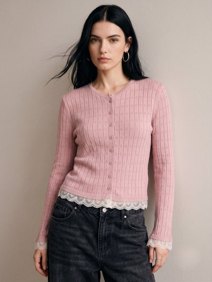 Pink Button Down Top With Lace Inserts At Hem And Sleeves