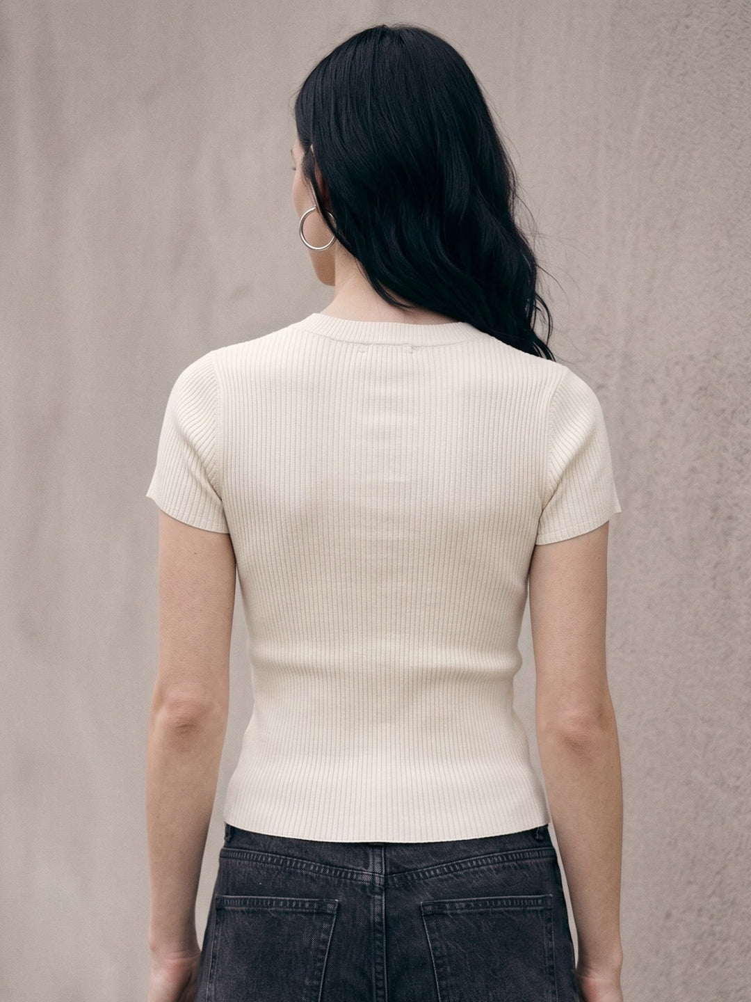 White Crew Neck Ribbed Textured Top