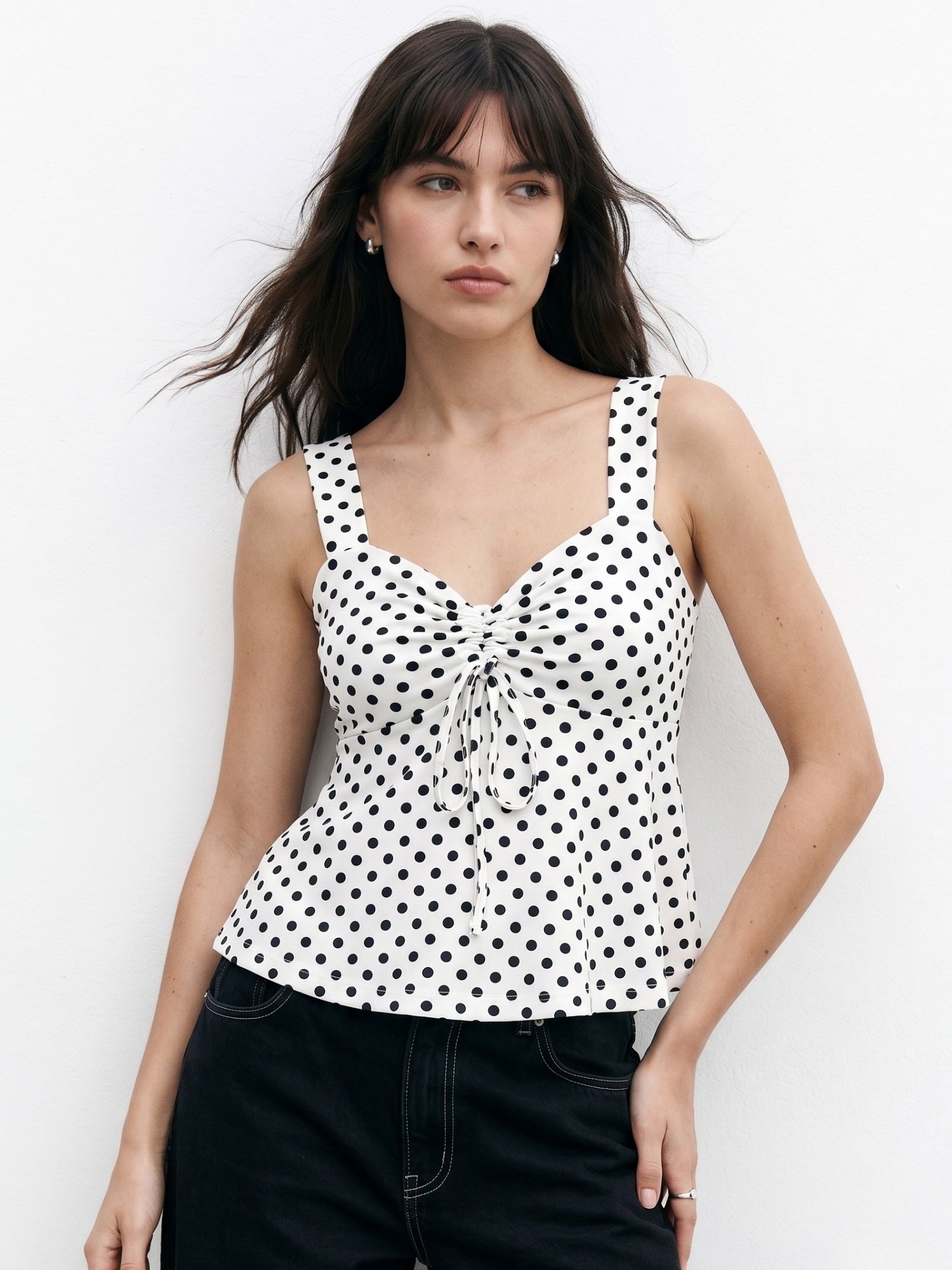 White Polka Dotted Sweetheart Neckline Peplum Top