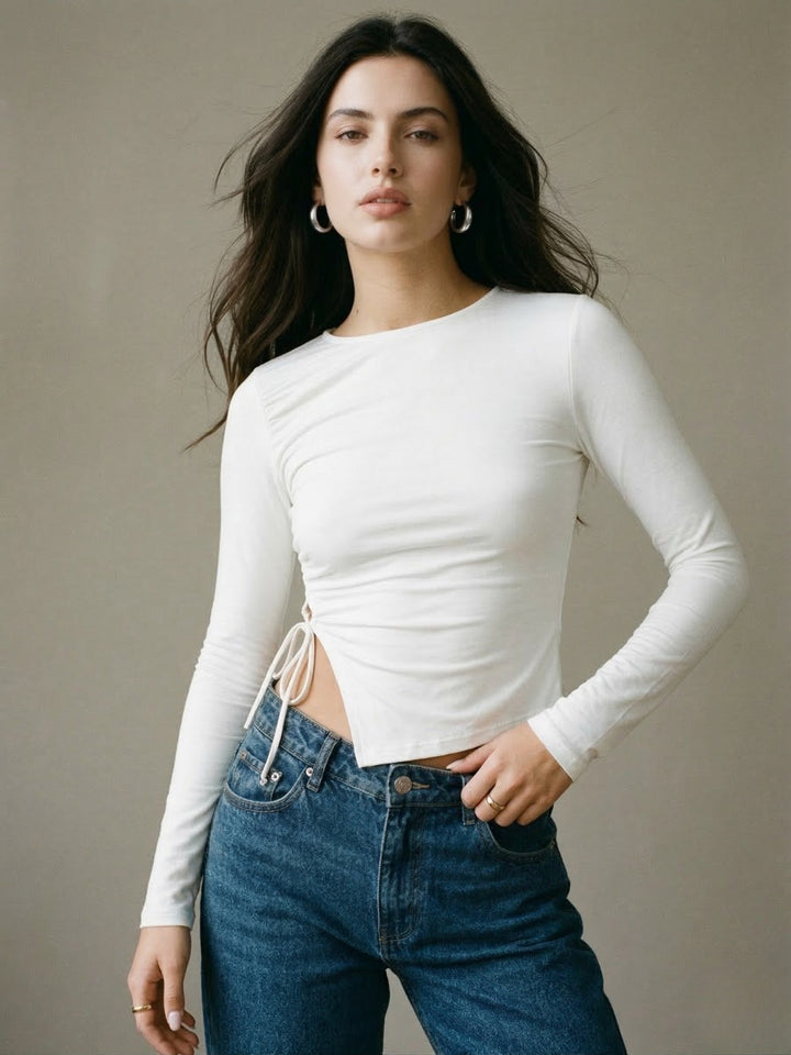 White Full Sleeve Side Tie-Up Top