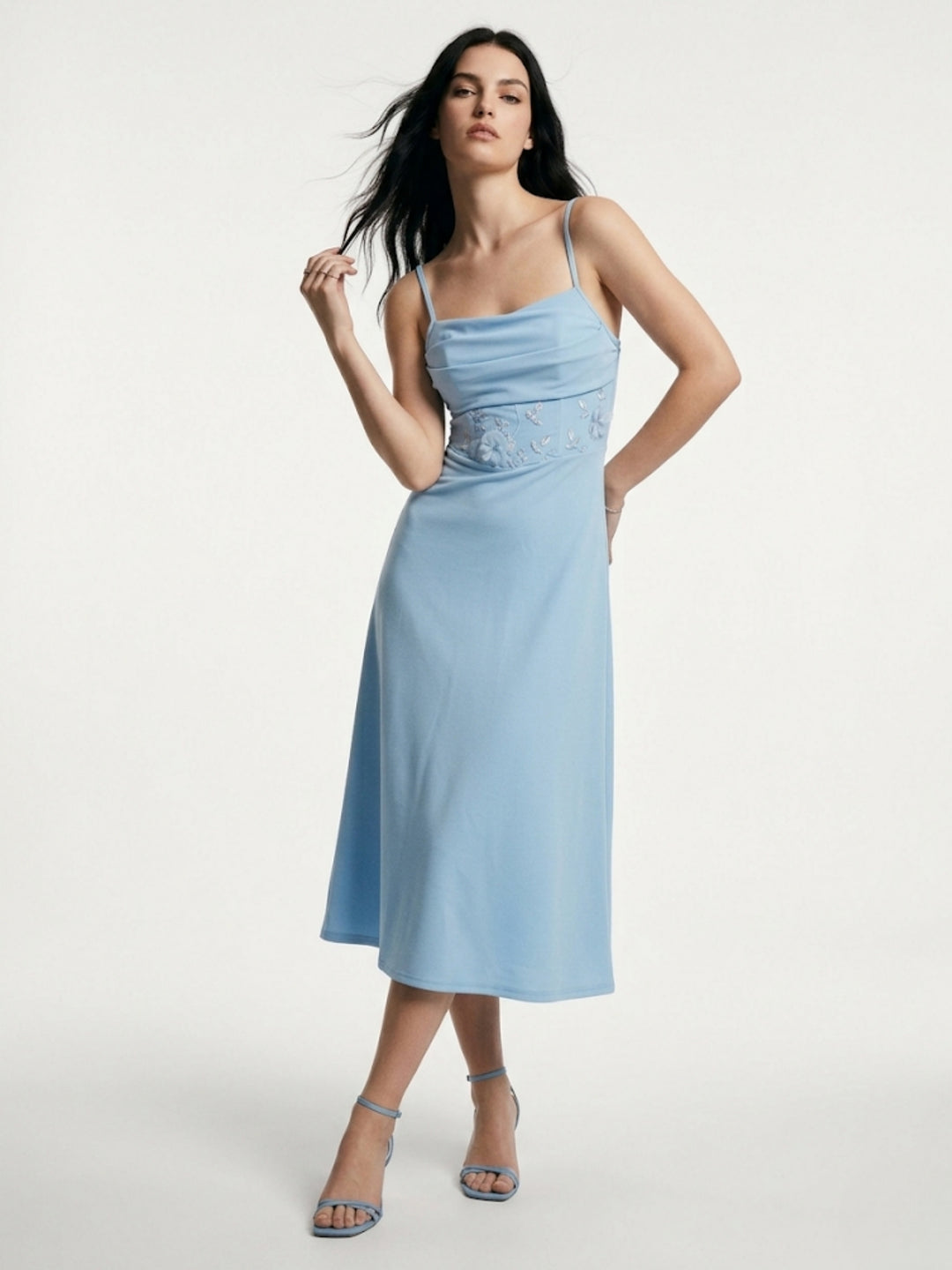 Blue Cinched Waist Dress With Sheer Inserts