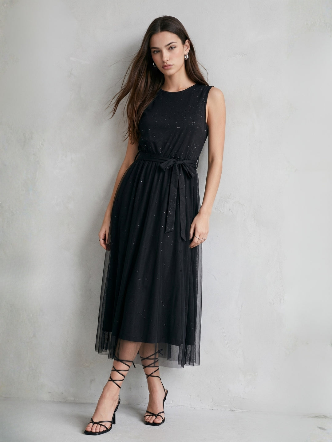 Black Waist Tie-Up Tulle Dress