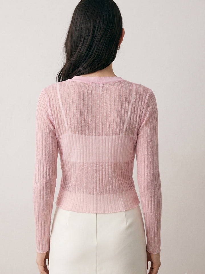 Pink Pointelle Textured Cardigan Styled Top