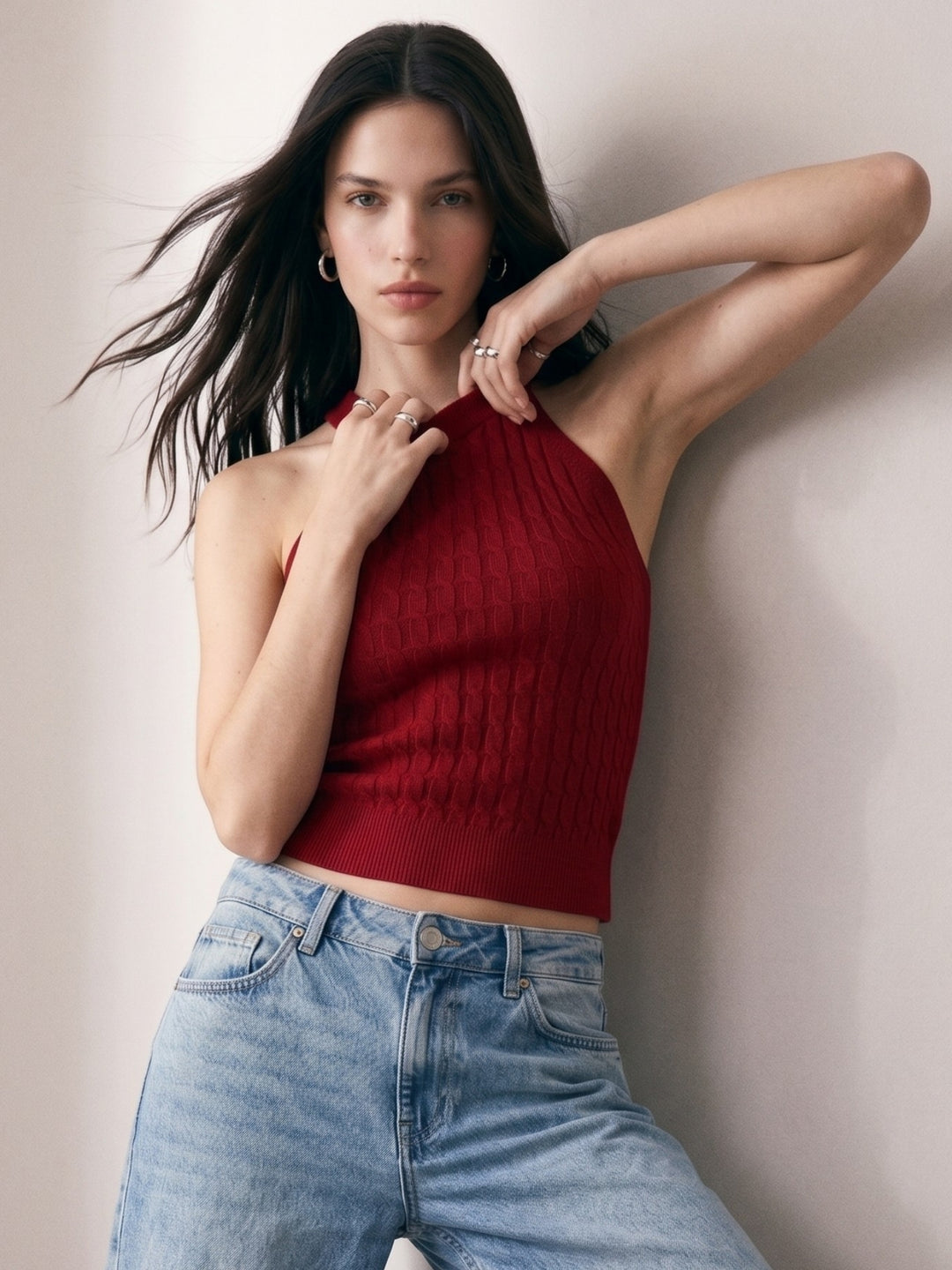 Burgundy High Neck Cable Textured Tank